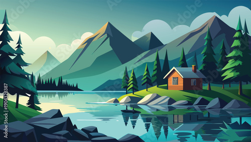 Serene lakeside cabin nestled between misty mountains and dense forests