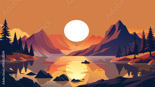 Serene sunset over a peaceful mountain lake reflecting golden light