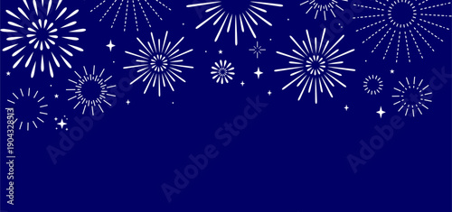 White Festive Fireworks Top Border on Blue Background for Holiday Celebration Independence Day holiday cards, banners, party  eid ramadan invites. Vector Illustration