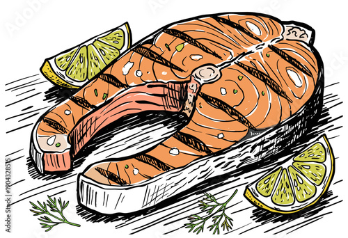 Grilled salmon artwork for menu design. Healthy seafood illustration. BBQ salmon steak sketch. Restaurant menu graphic print. Fresh fish fillet with l