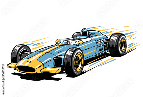 Vintage formula racing car design. Speed racing graphic print. Fast wheels challenge artwork. Retro sport car illustration. Extreme racing design for