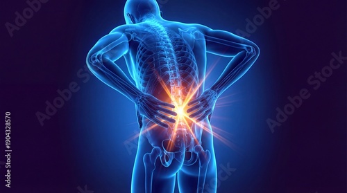 Back pain conceptual image with glowing pain in the lower back