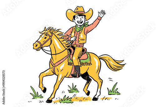 Cowboy riding horse vintage artwork for t-shirt. Western rodeo club artwork design. Wild west traditional graphic print. Happy man in cowboy hat and b
