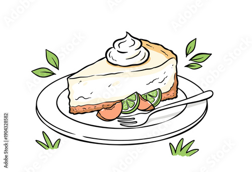 Cheesecake slice graphic design for poster print. Hand drawn dessert illustration artwork. Delicious key lime pie with whipped cream. Perfect for bake