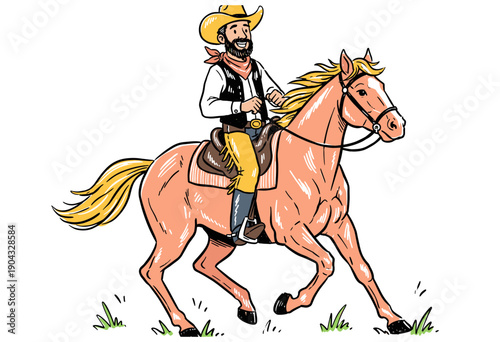 Cowboy riding horse illustration artwork. Western rider graphic print design. Vintage ranch lifestyle t shirt print. Wild west horseman vector graphic