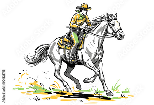 Cowboy riding horse vector artwork. Western design for apparel and poster. Retro rodeo graphic print illustration. Horse racing design vintage style
