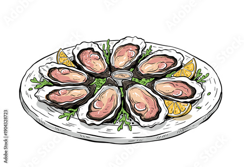 Seafood t shirt design. Fresh oysters artwork. Oyster restaurant menu design. Ocean delicacy artwork for print. Hand drawn sketch of oysters on plate.
