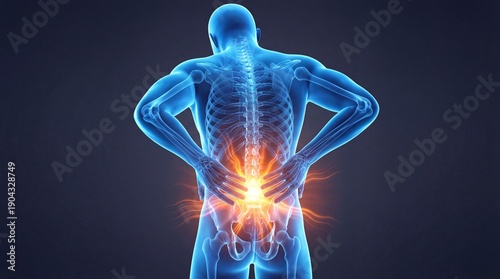Human skeleton with glowing pain in lower back or back pain conceptual illustration.