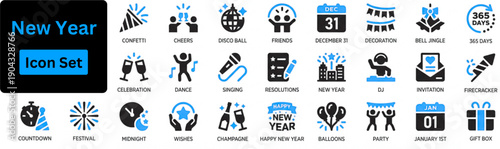 New Year solid icon set contain fireworks, celebration, party, dance, resolutions, countdown, January 1st, wishes and more. New Year icon set. 