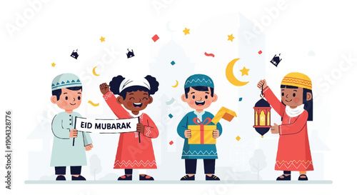 Joyful Muslim Children Celebrating Eid Al Fitr with Gifts Lantern and Greeting Banner in Flat Cartoon Style Illustration