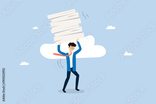 Stressed businessman carrying a heavy stack of paperwork and documents