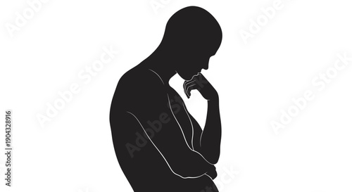 Silhouette of a man in deep thought, contemplative pose, on white background