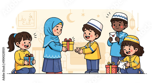 Diverse Muslim children celebrating Eid al-Fitr by exchanging gifts and envelopes in a cozy home setting, flat cartoon style illustration