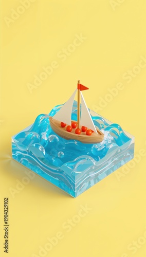 Small wooden sailboat with red flag on blue waves under yellow sky