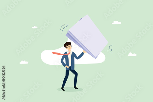 Stressed businessman carrying a massive, heavy stack of white paper documents