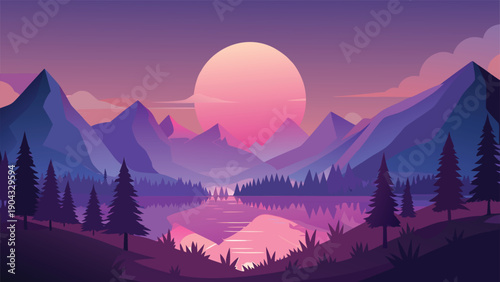 Vector mountain landscape with lake and sunset