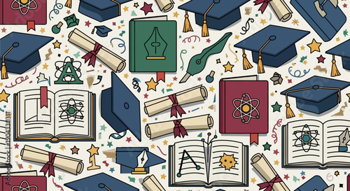 Seamless repeating illustration pattern featuring blue graduation caps, diplomas, open books with science and literacy icons, confetti, and stars on a light neutral background.