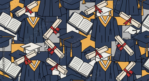 Dense seamless pattern of university graduation symbols: blue academic gowns, mortarboard caps, rolled diplomas with red ribbons, and open textbooks. Outline illustration style.