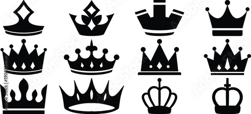 Crown Icons Vector Set – Royal King Queen Crowns, Luxury Heraldic Monarchy Symbols Collection
