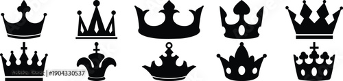 Crown Icons Vector Set – Royal King Queen Crowns, Luxury Heraldic Monarchy Symbols Collection