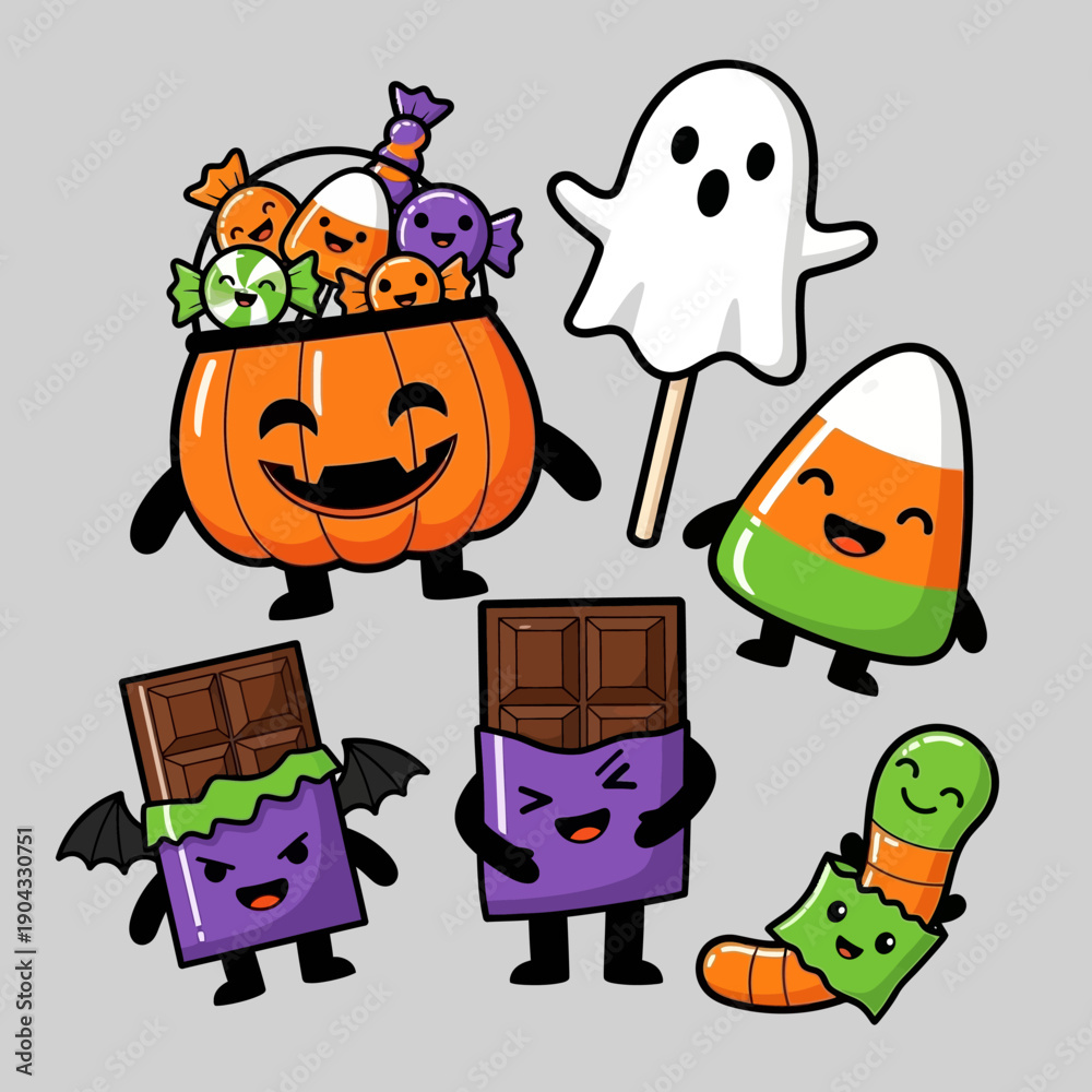 Fototapeta premium Cute Halloween Candies and Characters: Pumpkin, Ghost, Chocolate, Candy Corn