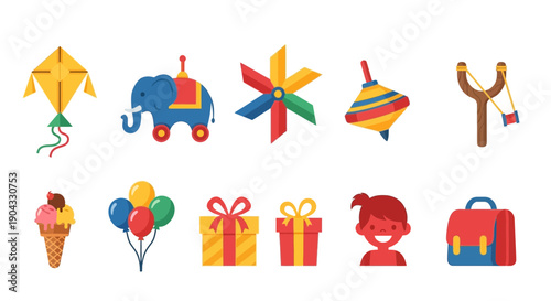 Flat icon set of ten colorful toys food and school items on white background