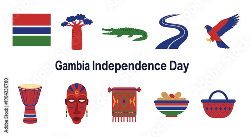 Graphic celebrating Gambia Independence Day with national symbols