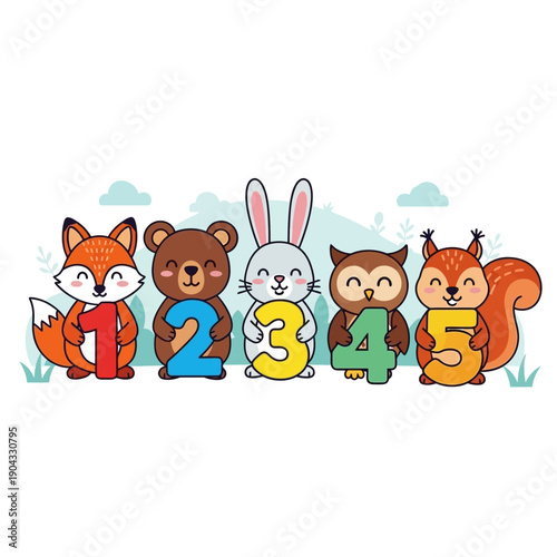 Cute Cartoon Forest Animals Holding Numbers 1 to 5 for Learning and Education