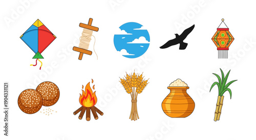 Ten cartoon icons related to harvest festivals arranged in two rows