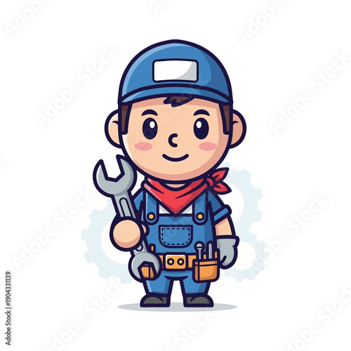 Cute Cartoon Mechanic Holding Wrench, Wearing Overalls and Blue Cap
