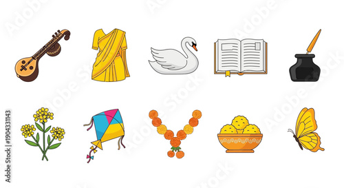 Ten colorful icons arranged in two rows featuring cultural and seasonal objects