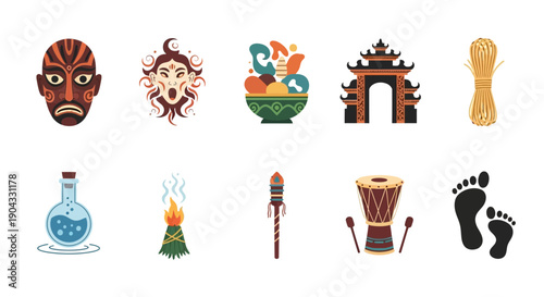 Ten cultural or ritualistic icons arranged in two horizontal rows