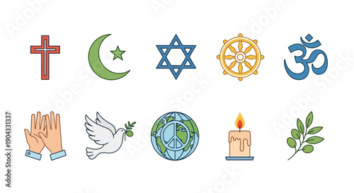 Ten religious and peace symbols arranged in two horizontal rows