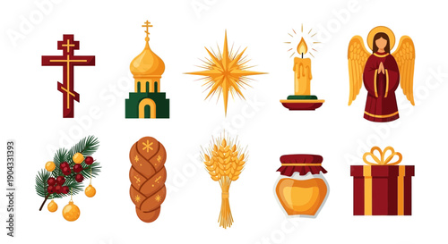 Ten stylized icons related to Eastern Orthodox Christian traditions and winter holidays