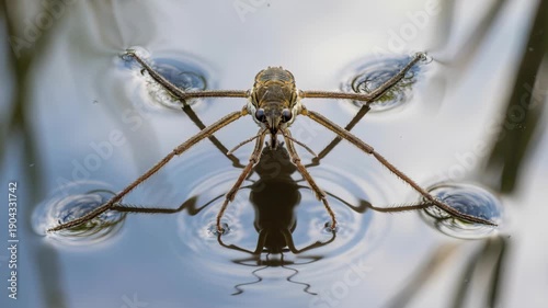 Water Strider Poised on Rippling Pond Surface