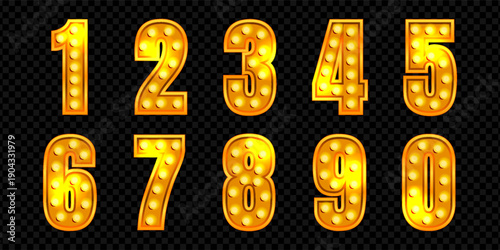 3d light font number. Marquee alphabet for circus with led bulb. Neon broadway show typography with lamp. Theater event typeface for magic decoration in yellow. Grand Vegas night glowing design.