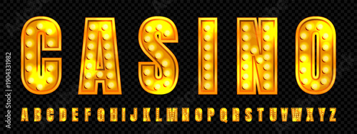 3d casino light font. Marquee cinema led alphabet. Neon typography with lamp for vintage celebrate party. Glowing showtime holiday graphic. Night illuminated pizza abc type design for billboard.