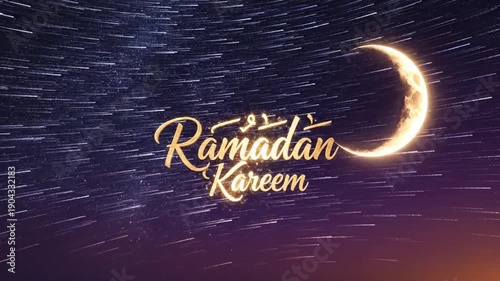 Ramadan Kareem greeting. Crescent moon and stars on night sky background. Ramadan Mubarak. Mosque celebration. Vector illustration for holiday and festival. Glowing crescent moon. Night sky