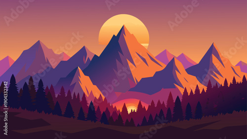 Majestic mountain range at sunset with forest below Vector