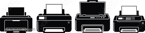 Set of Printer Silhouettes, Office Inkjet and Laser Printer Icons, Desktop Paper Document Scanner Symbols for Business Workspace, Technology Hardware Vector