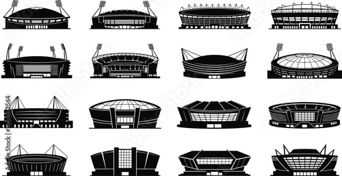 Set of Sports Stadium Silhouettes, Modern Arena Icons for Football and Soccer Events, Architectural Venue Symbols for Competition, Championship Vector Illustration