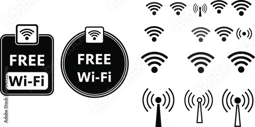 Wi-Fi icon set, wireless signal illustration, internet connectivity artwork, free Wi-Fi signage design, communication graphic vector, black and white symbol pack