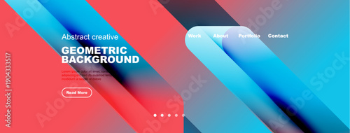 Abstract geometric background. Vibrant colors blend, creating modern design. Text overlays promote website navigation, reading more.