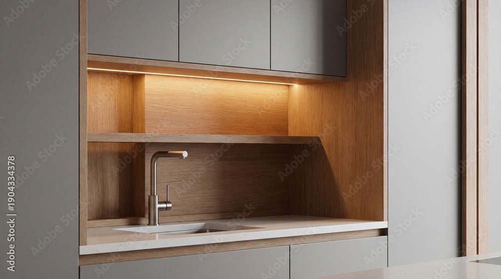 Fototapeta premium Sleek Kitchen Interior with Wood Details