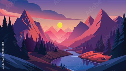 Sunset over serene mountainous landscape with a tranquil river flowing through the forest Vector
