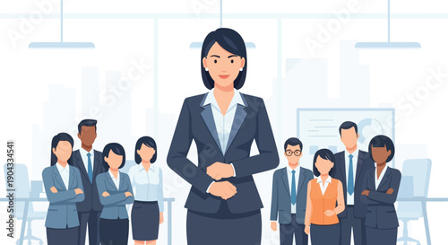 Confident female leader promoting diversity inclusion on International Women’s Day standing in a modern office environment