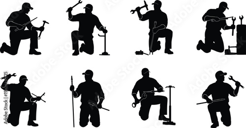 Bicycle repair silhouette set with mechanic poses, tools, pump, wrench, screwdriver, maintenance activities, vector illustration, editable, isolated graphic