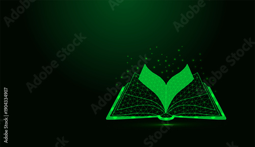 Glowing green low poly open book wireframe on dark  background.