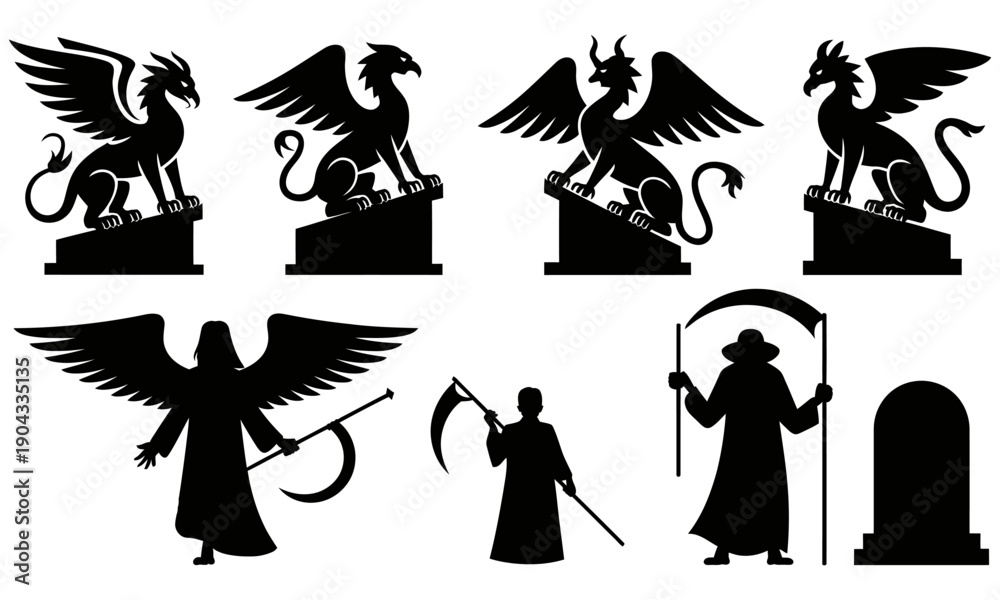 Fototapeta premium black silhouettes of mythical creatures and death figures on transparent background