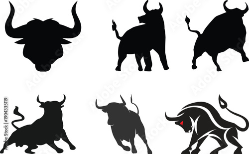 Bull head logo icon set. Bullhead silhouette long horn vector template.Bull and cow silhouette vector collection with running bull and standing cow illustration set isolated design and decoration.